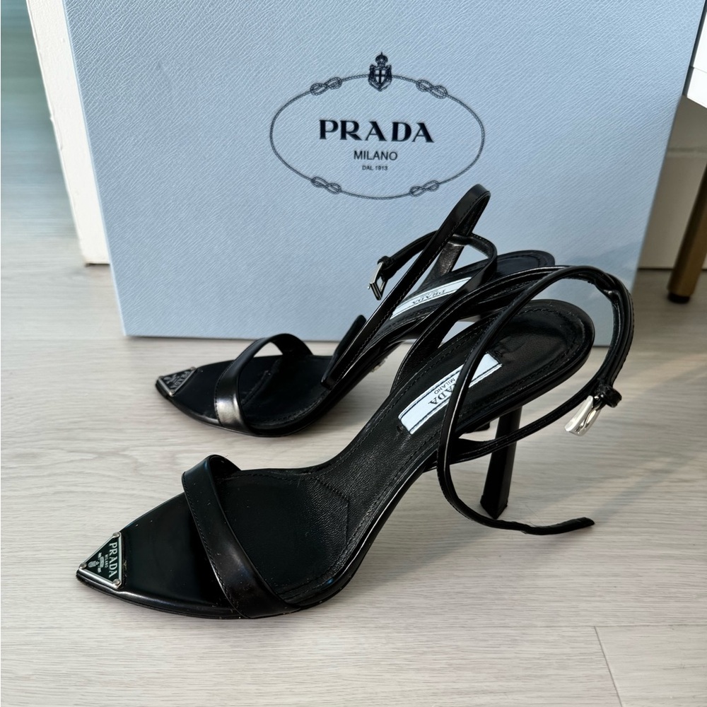 Prada Black Leather Strappy Pointed-Toe Heels